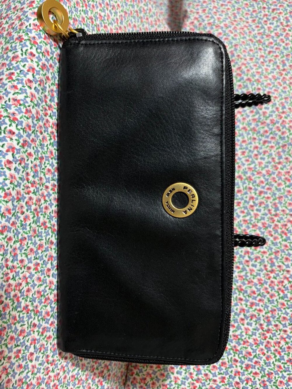 Vintage Perlina New York Black Leather Zip Around Clutch Wallet Goldtone Charm